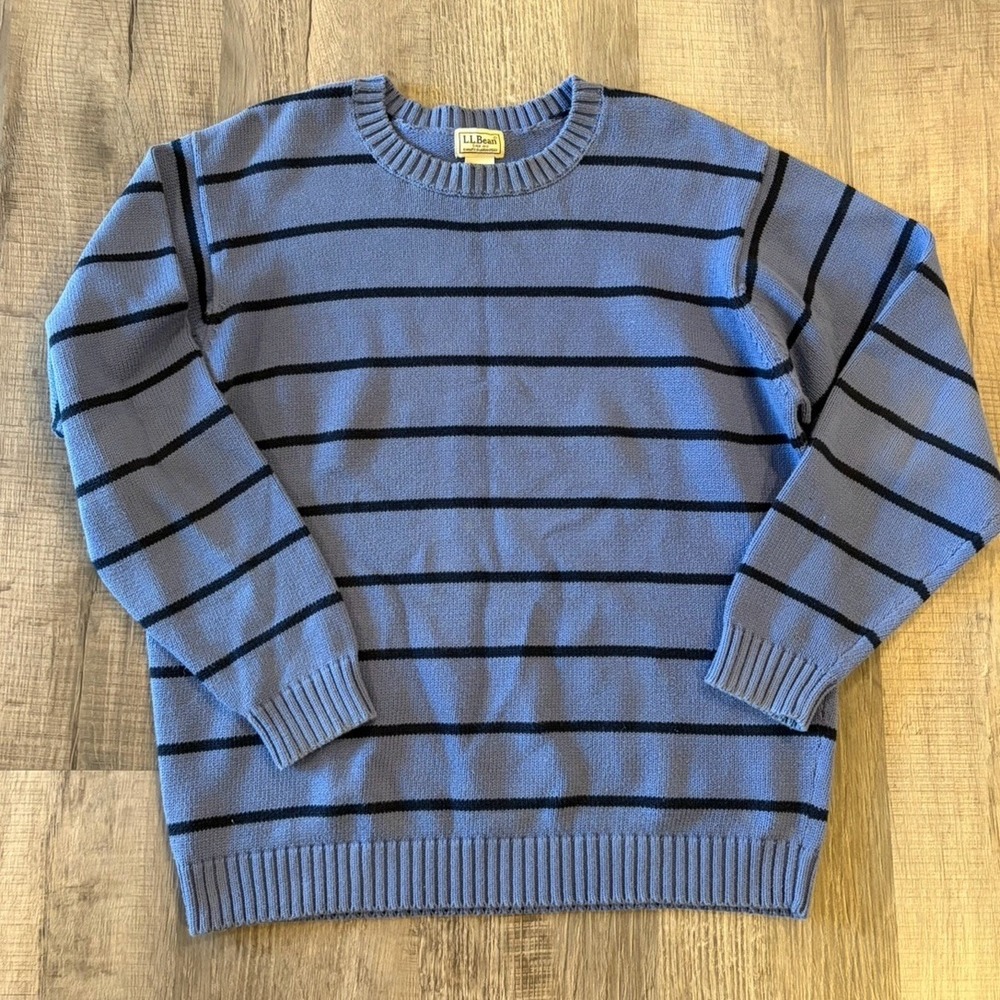 LL Bean Mens Blue w/ Navy Stripe Cotton Sweater Large